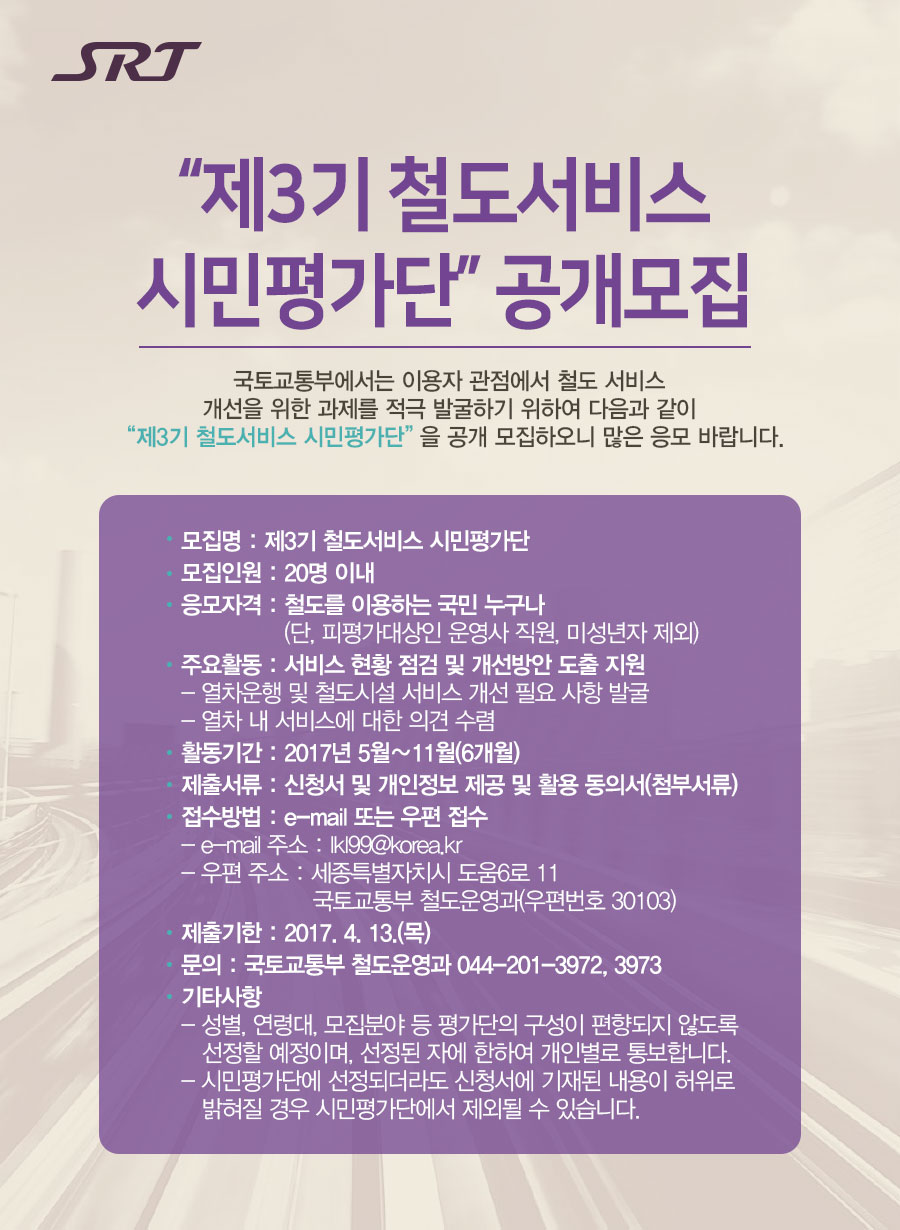 제3기 철도서비스 시민평가단 공개모집. 국토교통부에서는 이용자 관점에서 철도서비스 개선을 위한 과제를 적극 발굴하기 위하여 다음과 같이 제 3기 철도서비스 시민평가단을 공개모집하오니 많은 응모바랍니다. 모집명: 제 3기 철도서비스 시민평가단. 모집인원: 20명 이내. 응모자격: 철도를 이용하는 국민 누구나(단, 피평가대상인 운영사직원, 미성년자 제외). 주요활동: 서비스 현황 점검 및 개선방안 도출 지원. 열차운행 및 철도시설 서비스 개선 필요사항 발굴. 열차내 서비스에 대한 의견 수렴. 활동기간: 2017년 5월부터 11월까지(6개월). 제출서류: 신청서 및 개인정보 제공 및 활용동의서(첨부서류). 접수방법: email 또는 우편접수. email 주소: lkl99@korea.kr. 우편주소: 세종특별자치시 도움6로 11 국토교통부 철도운영과(우편번호 30103). 제출기한: 2017년 4월 13일 목요일까지. 문의:국토교통부 철도운영과. 044-201-3972,3973. 