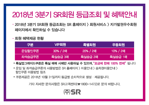 2018년 3분기 SR회원 등급조회 및 혜택안내