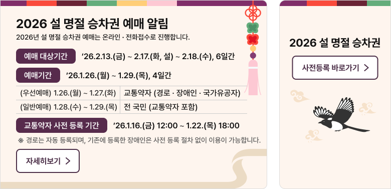 2026 설 승차권 예매 알림
2026년 설 명절 승차권 예매는 온라인, 전화접수로 진행합니다. 
예매 대상기간 
’26.2.13.(금) ∼ 2.17.(화, 설) ∼2.18.(수), 6일간
예매기간
’26.1.26.(월) ∼ 1.29.(목), 4일간
(우선예매)’26.1.26.(월) ∼ 1.27.(화) 교통약자 (경로·장애인·국가유공자)
(일반예매)’26.1.28.(수) ∼ 1.29.(목)전 국민 (교통약자 포함)
장애인 · 국가유공자 고객 사전 등록 기간 
’26.1.16.(금) 12:00 ∼ 1.22.(목) 18:00
* 경로는 자동 등록되며, 기존에 등록한 장애인은 사전등록 절차 없이 
‘26.1.26(월) ~ 1.27(화) 교통약자 우선예매 이용이 가능합니다.

자세히보기 > 

2026 설 명절 승차권

사전등록 바로가기 >