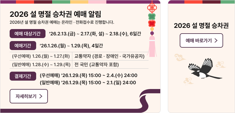 2026 설 승차권 예매 알림 : 2026년 설 명절 승차권 예매는 온라인, 전화접수로 진행합니다. 예매 대상기간 : ’26.2.13.(금) ∼ 2.17.(화, 설) ∼2.18.(수), 6일간, 예매기간 : ’26.1.26.(월) ∼ 1.29.(목), 4일간 (우선예매)’26.1.26.(월) ∼ 1.27.(화) 교통약자 (경로·장애인·국가유공자)(일반예매)’26.1.28.(수) ∼ 1.29.(목)전 국민 (교통약자 포함)결제기간:(우선예매) ’26.1.29.(목) 15:00 ~ 2.4.(수) 24:00 (일반예매) ’26.1.29.(목) 15:00 ~ 2.1.(일) 24:00 자세히보기 > 2026 설명절 승차권 예매바로가기 >