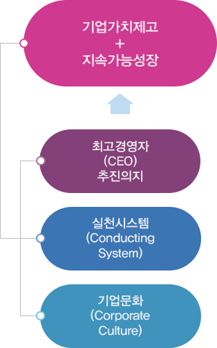 최고경영자(CEO)추진의지 + 실천시스템(conducting system) + 기업문화(corporate culture) = 기업가치제고+지속가능성장